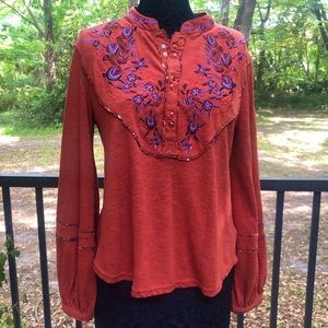 Rust Free People Embroidered Long Sleeve Top